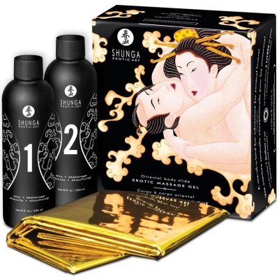 Kit de massagem erótica Shunga com dois frascos pretos, embalagem preta com ilustração oriental e papel dourado