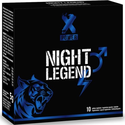 Embalagem preta com texto Night Legend, símbolo masculino azul e cabeça de tigre azul