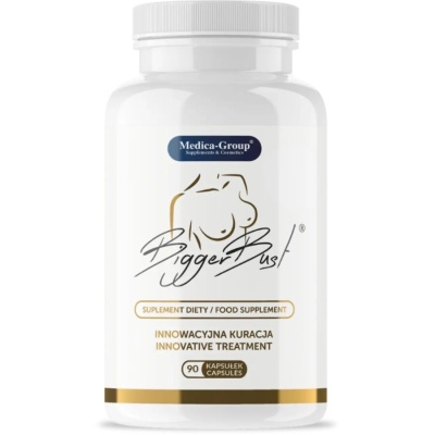 Frasco de suplemento alimentar Bigger Bust branco com texto e desenho de peito
