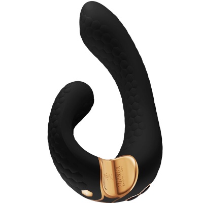 Vibrador preto com textura hexagonal e detalhes dourados