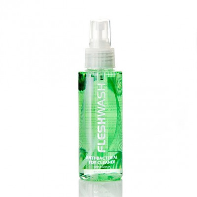 Frasco spray transparente verde com rótulo FLESHWASH