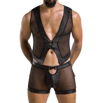 Roupa interior masculina preta em tecido transparente com detalhes em opaco e fechos metálicos