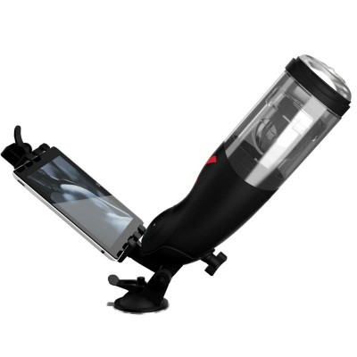 Dispositivo preto com cilindro transparente e suporte para telemóvel