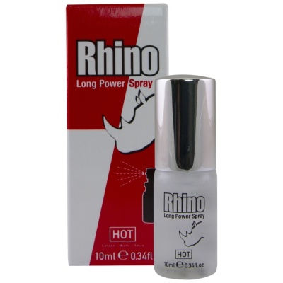 Frasco e caixa de Rhino Long Power Spray com destaque para o rinoceronte e texto HOT
