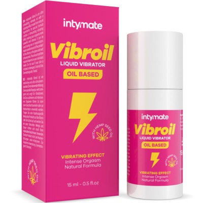 Embalagem e frasco rosa e amarelo de Vibrador líquido Vibroil Intymate com texto explicativo