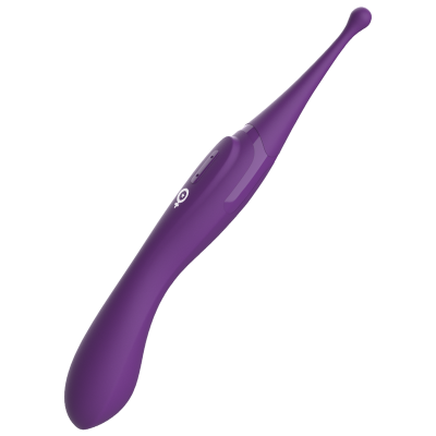 Dispositivo vibratório roxo curvado com botão e ícones