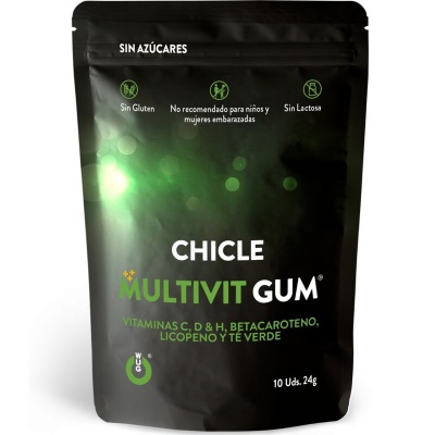 Embalagem preta de MULTIVIT GUM com texto branco e verde