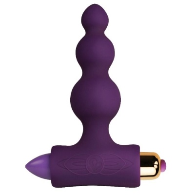 Plug anal roxo em silicone com base dourada e botão rosa