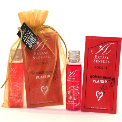 Conjunto Extase Sensuel Pocket com óleo quente de morango e embalagem vermelha em saco dourado
