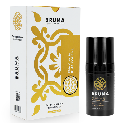 Gel estimulante Bruma Piña Colada, embalagem branca dourada e frasco preto.