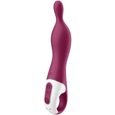 Vibrador rosa com base branca e botões de controlo