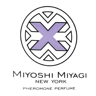 Logótipo Miyoshi Miyagi New York Pheromone Perfume com X roxo e padrões geométricos