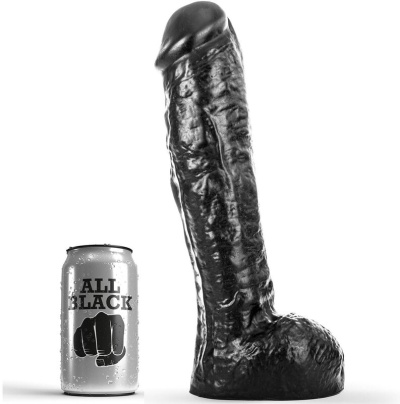 Dildo preto grande ao lado de lata prateada com texto All Black