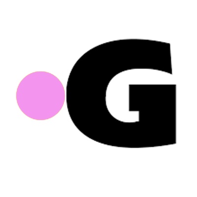Ponto cor-de-rosa ao lado de letra 'G' preta em fundo branco