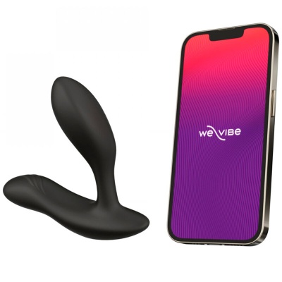 Dispositivo preto em silicone com smartphone mostrando texto WE VIBE no ecrã