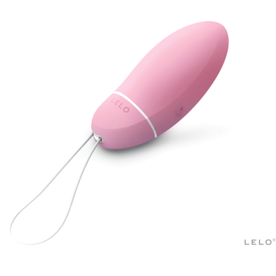 Dispositivo oval rosa com cordão branco e etiqueta LELO sobre fundo branco