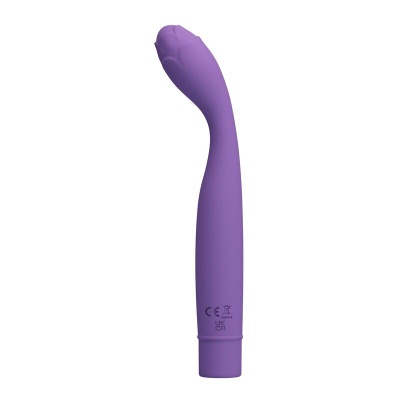Vibrador roxo curvo com texturas na ponta e símbolos CE e UKCA na base