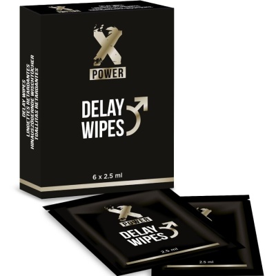 Caixa preta e pacotes individuais de lenços X Power Delay Wipes