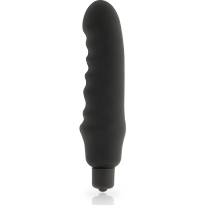 Vibrador preto texturizado com base cilíndrica sobre fundo branco