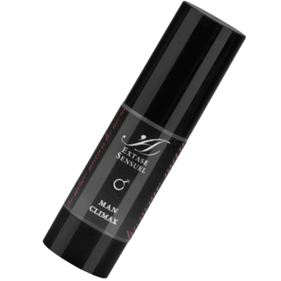 Frasco preto com rótulo cinzento e texto SIL EXTASE SENSUEL MAN CLIMAX