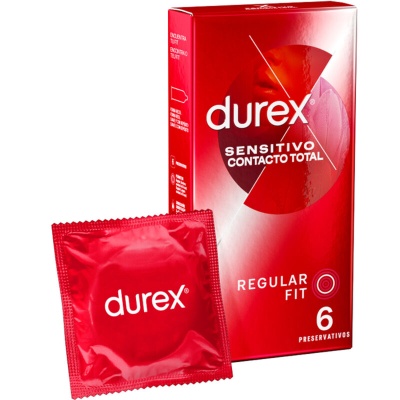 Embalagem e preservativo Durex Sensitivo Contacto Total cor vermelha