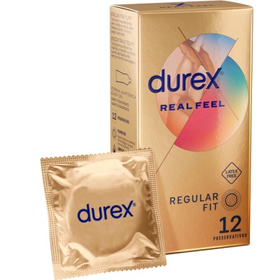 Embalagem dourada de preservativos Durex Real Feel, 12 unidades, com preservativo individual dourado