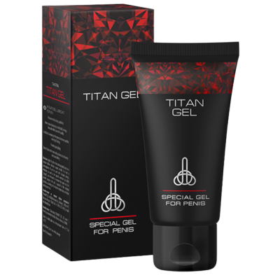 Embalagem e tubo de gel Titan Gel preto com detalhes em vermelho e branco.