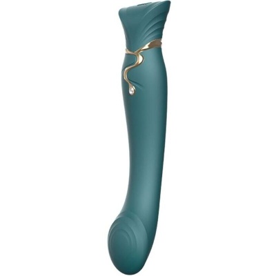 Vibrador azul-petróleo com detalhe dourado decorativo e textura em relevo no topo