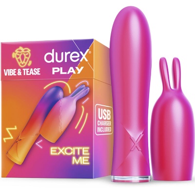 Produto Durex Play Vibe & Tease roxo e rosa com caixa colorida e textos