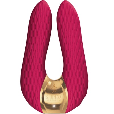 Aparelho vibrador rosa com textura ondulada e detalhe dourado