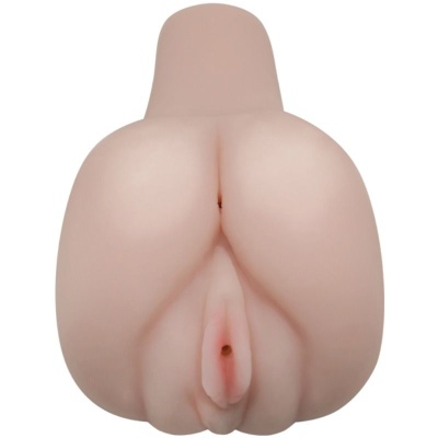Moldagem em silicone de nádegas e órgão genital feminino, cor pele clara.