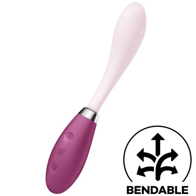 Vibrador roxo e rosa claro com símbolo 'BENDABLE'