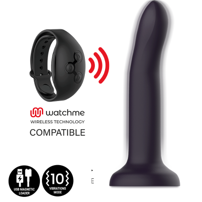 Pulseira preta e brinquedo sexual preto com textos sobre tecnologia wireless e modos de vibração