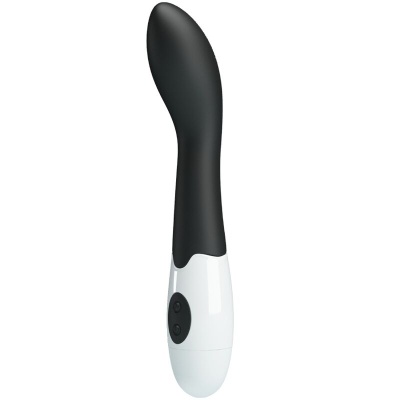 Vibrador curvado preto e branco com botões de controle