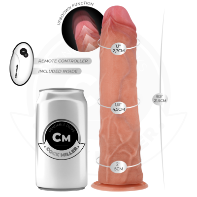 Dildo realista cor de pele, controle remoto branco, lata prateada com texto 'CM COCK MILLER'