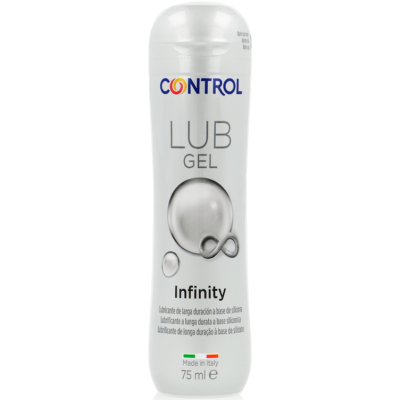 Frasco branco de gel lubrificante CONTROL LUB GEL Infinity com texto e design minimalista
