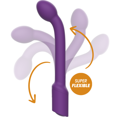 Vibrador roxo curvado flexível com setas laranjas e texto SUPER FLEXIBLE