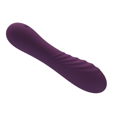 Vibrador roxo escuro com textura ondulada e botão preto