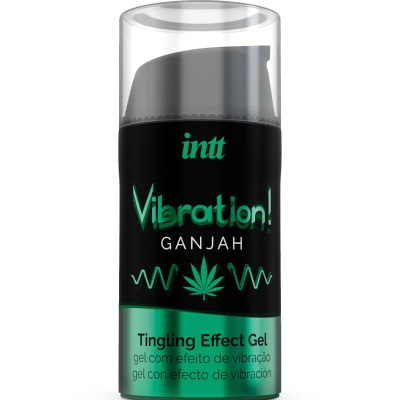 Gel Vibration! Ganjah intt embalagem preta e verde metálico com texto e símbolo de folha de cannabis