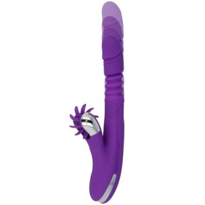 Vibrador roxo texturizado com acessório giratório em fundo branco