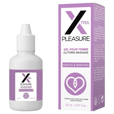 Frasco e caixa de gel para massagem íntima feminina Xtra Pleasure com Arnica e Mentol.