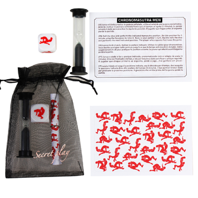 Jogo erótico com ampulheta, dados com posições em vermelho e saco preto