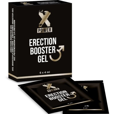 Embalagem preta do gel potenciador X Power Erection Booster Gel com sachês.