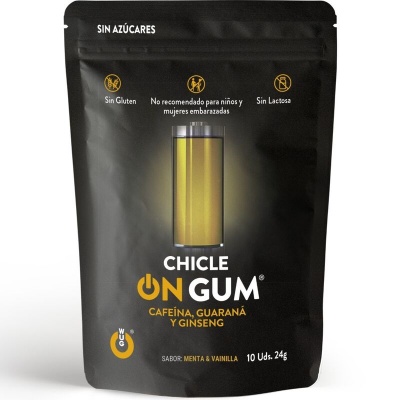 Pacote preto de chiclete ON GUM com texto e ícones de informações nutricionais.