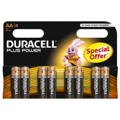 Embalagem de 8 pilhas Duracell Plus Power AA com coelho e texto special offer