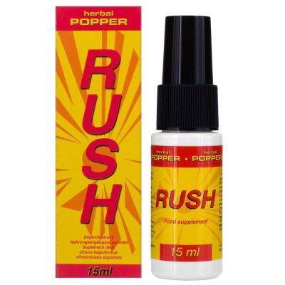 Frasco e caixa do suplemento alimentar herbal popper Rush 15 ml, amarelo e vermelho