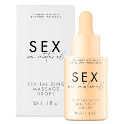 Gotas revitalizantes para massagem com frasco bege e caixa branca com texto preto