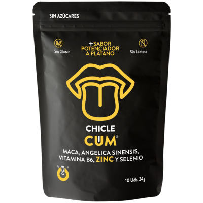 Embalagem preta de produto chamdo CHICLE CUM com informações nutricionais e ingredientes