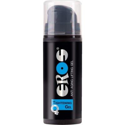 Frasco preto de gel anti-envelhecimento com tampa transparente e rótulo azul e branco