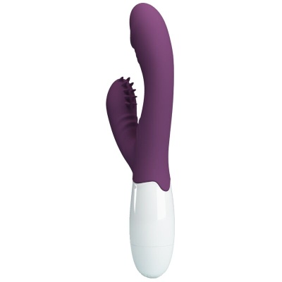 Vibrador em silicone roxo com base branca e textura em relevo